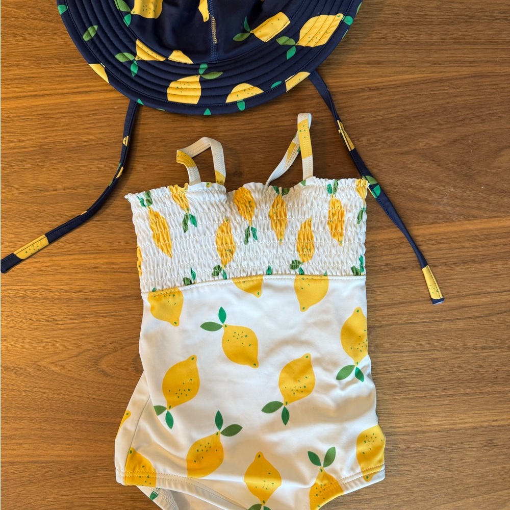 Hanna Andersson Lemon Print Smocked Swimsuit and Hat Set